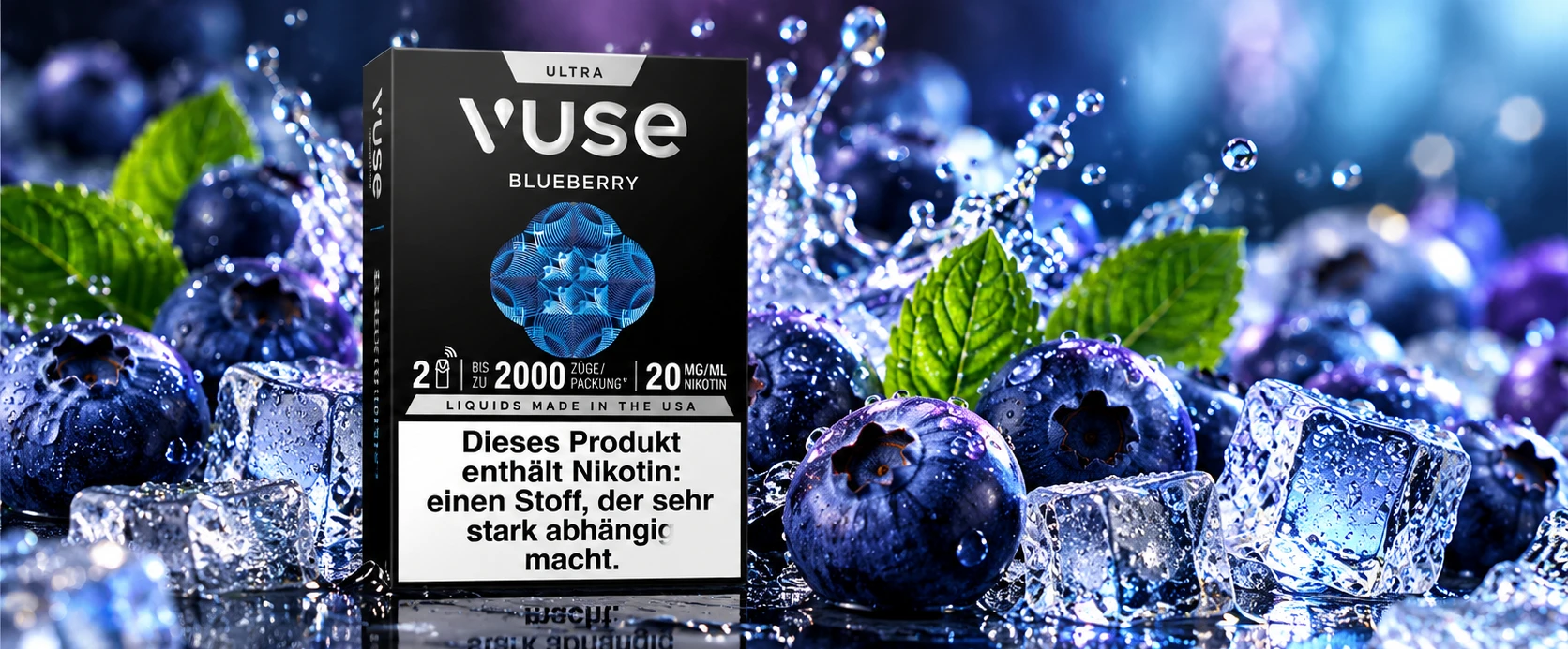 Vuse Ultra Blueberry mit Blaubeeren – Produktillustration