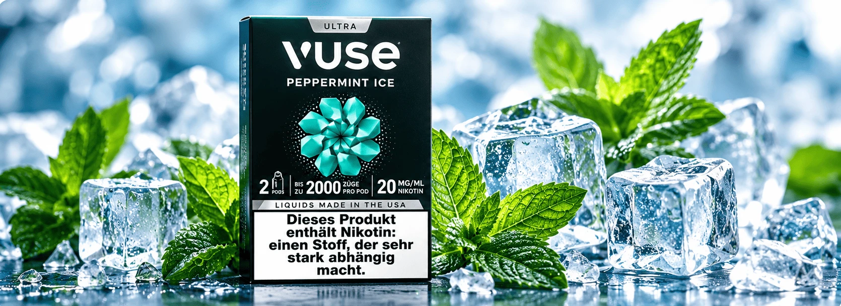 Vuse Ultra Pod Peppermint Ice – Produktverpackung mit Nikotinwarnhinweis