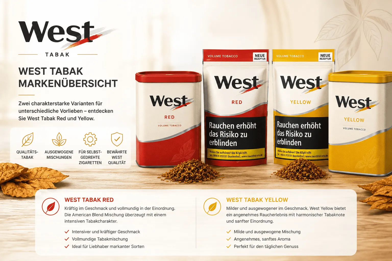 West Tabak Markenübersicht mit Red und Yellow Varianten