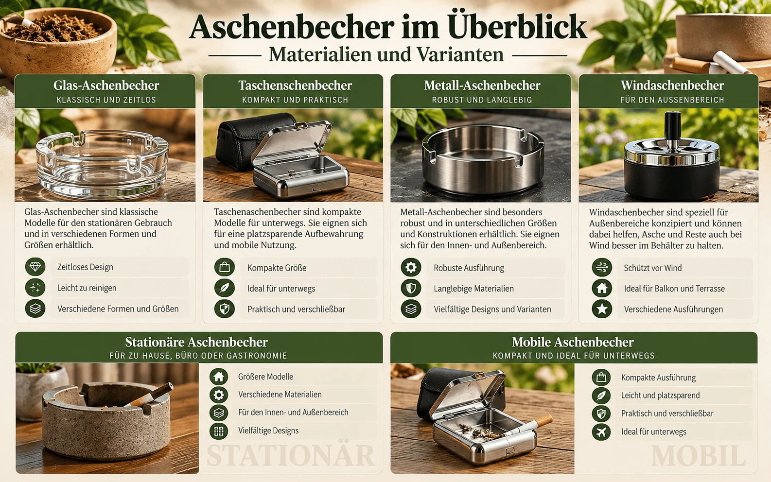 Aschenbecher im Überblick: Glas, Taschen-, Metall- und Windaschenbecher sowie stationäre und mobile Modelle