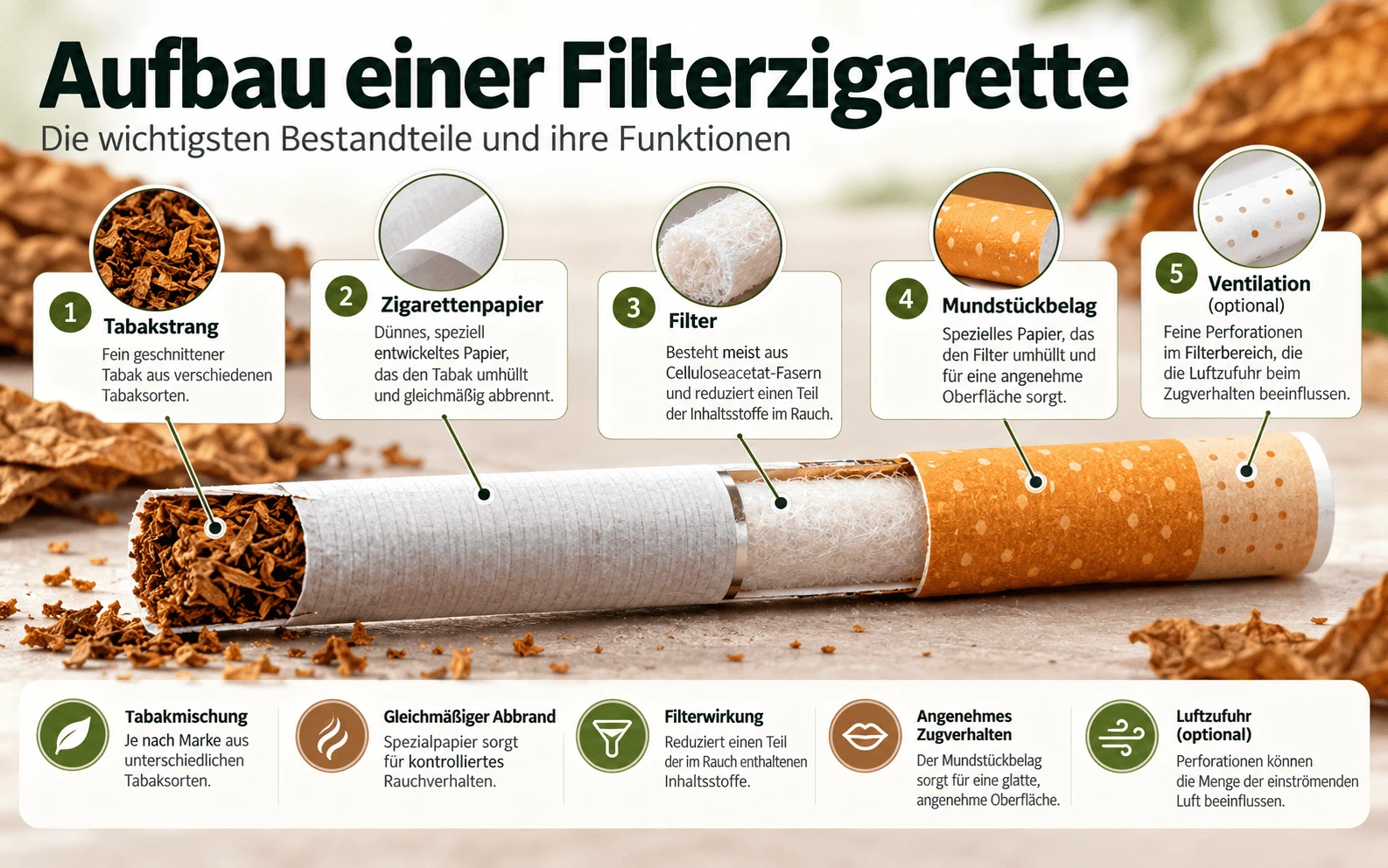 Aufbau einer Filterzigarette mit Tabakstrang, Zigarettenpapier, Filter, Mundstückbelag und Ventilation