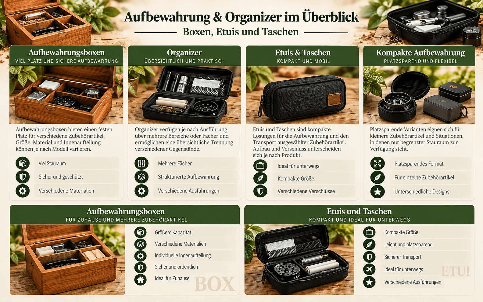 Aufbewahrung und Organizer im Überblick – Boxen, Etuis, Taschen und kompakte Aufbewahrung
