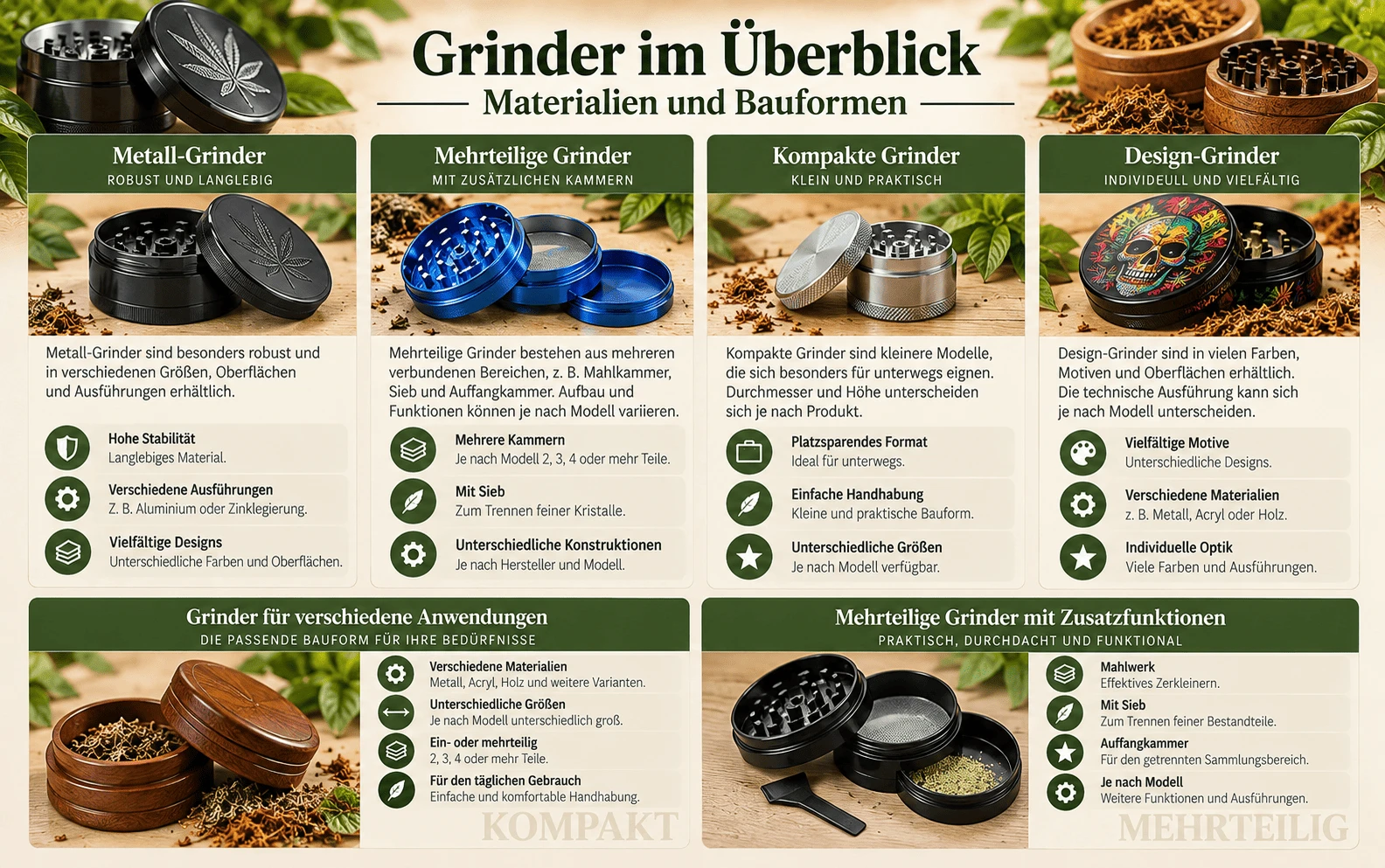 Grinder im Überblick – Metall-Grinder, mehrteilige Grinder, kompakte Grinder und Design-Grinder