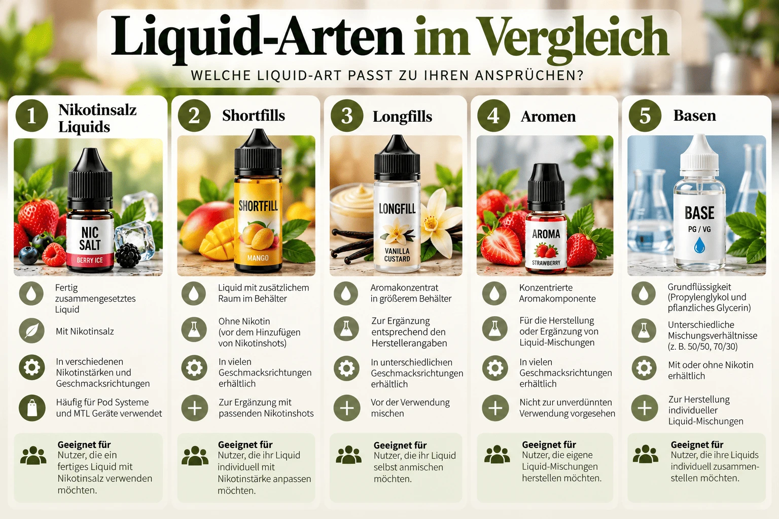 Liquid-Arten im Vergleich