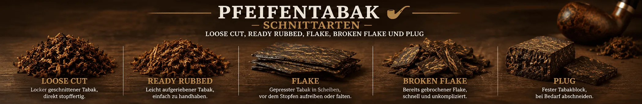 Pfeifentabak Schnittarten – Loose Cut, Ready Rubbed, Flake, Broken Flake und Plug