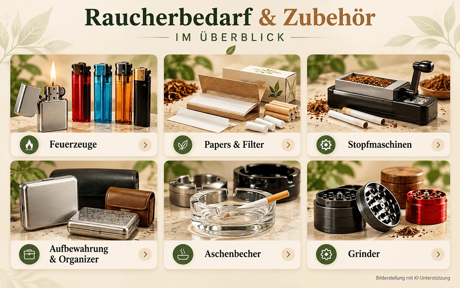 Raucherbedarf und Zubehör im Überblick – Feuerzeuge, Papers, Filter, Stopfmaschinen, Aufbewahrung, Aschenbecher und Grinder
