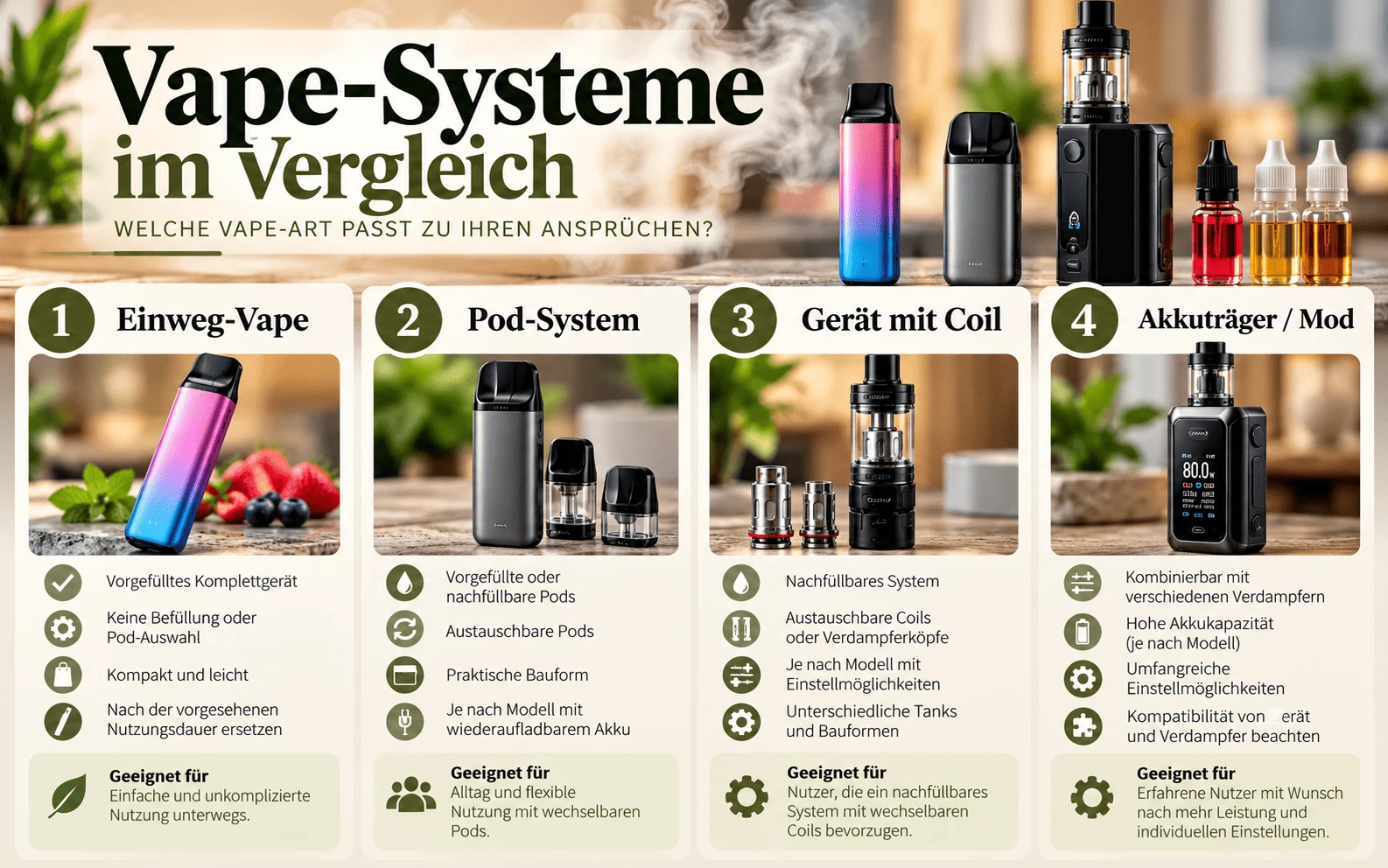 Vape-Systeme im Vergleich – Einweg-Vape, Pod-System, Gerät mit Coil und Akkuträger