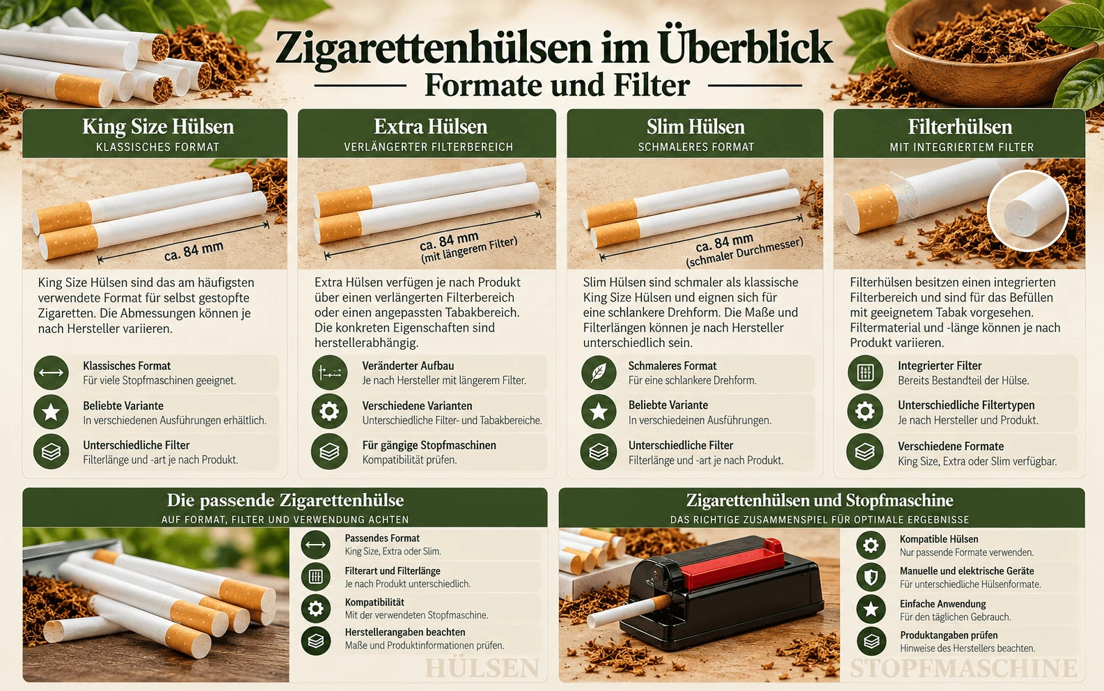 Zigarettenhülsen im Überblick – King Size, Extra, Slim und Filterhülsen sowie Hinweise zur Stopfmaschine